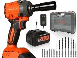 COMOWARE 650N.m (480 ft-lbs) Cordless Impact Wrench, 1/2″ Brushless High Torque Impact Gun, 20V 4.0Ah Battery & Fast Charger, 6 Sockets w/case, 3-Speed Control (0-3000RPM) for Car, Truck RV, Mower