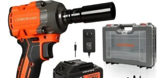 COMOWARE 650N.m (480 ft-lbs) Cordless Impact Wrench, 1/2″ Brushless High Torque Impact Gun, 20V 4.0Ah Battery & Fast Charger, 6 Sockets w/case, 3-Speed Control (0-3000RPM) for Car, Truck RV, Mower