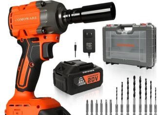 COMOWARE 650N.m (480 ft-lbs) Cordless Impact Wrench, 1/2″ Brushless High Torque Impact Gun, 20V 4.0Ah Battery & Fast Charger, 6 Sockets w/case, 3-Speed Control (0-3000RPM) for Car, Truck RV, Mower