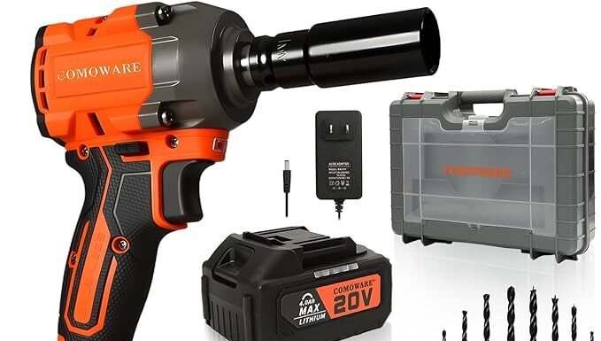 COMOWARE 650N.m (480 ft-lbs) Cordless Impact Wrench, 1/2″ Brushless High Torque Impact Gun, 20V 4.0Ah Battery & Fast Charger, 6 Sockets w/case, 3-Speed Control (0-3000RPM) for Car, Truck RV, Mower